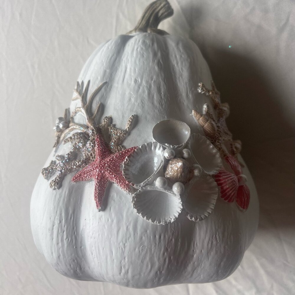White Painted Pumpkin Decoration Figurine with Pink Shells, 7.5 Inches